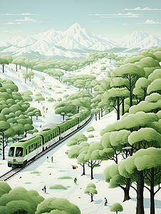 绿色列车穿越雪山森林图片