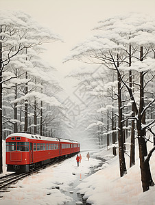 冬天红色列车穿越森林的图片