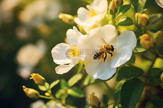 白色花朵上的蜜蜂图片