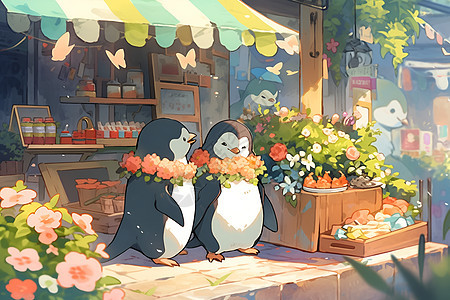 花店旁的浪漫企鹅背景图片