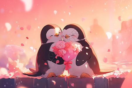 浪漫的卡通企鹅背景图片