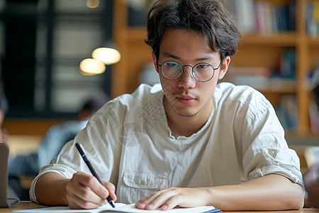 图书馆中认真学习的年轻男子背景图片