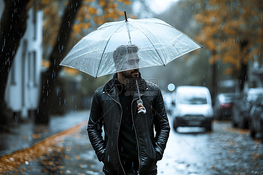 雨天城市街道上撑伞的男子图片