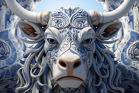 3D剪纸艺术的牛头雕像插图图片