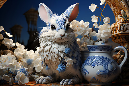 3D剪纸风艺术的兔子插图图片