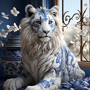 蓝白相间的老虎雕像插图图片