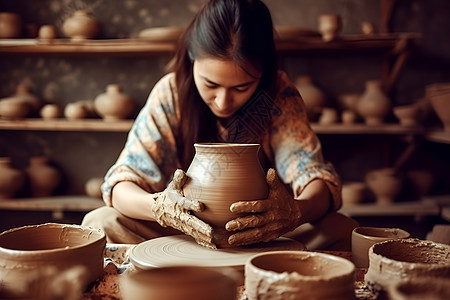 女孩手工制作陶艺背景图片