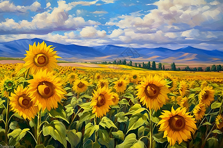 田野中的太阳花油画背景图片