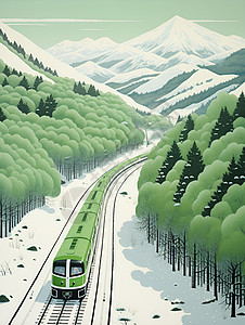 绿色火车穿行于雪林图片