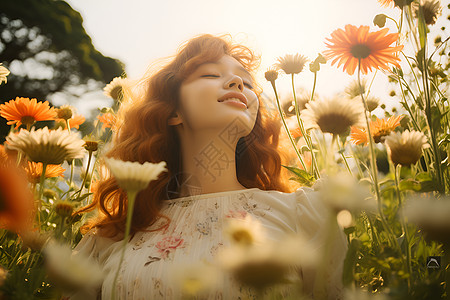 花海中休息的女子高清图片