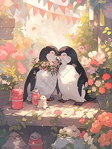 甜蜜亲吻的企鹅情侣图片