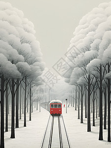 红色列车穿越白雪森林的画面图片