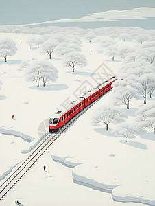 红色列车穿越白雪丛林图片