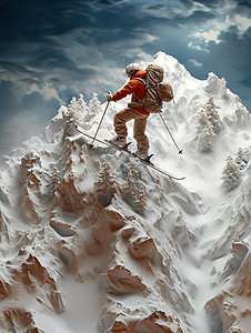 雪山上高速滑雪的滑雪者图片