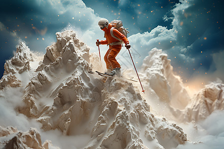 雪坡中冒险的滑雪者图片