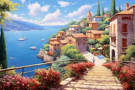 风景优美的欧洲小镇油画插图背景图片