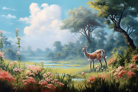 湖畔花田里的鹿背景图片