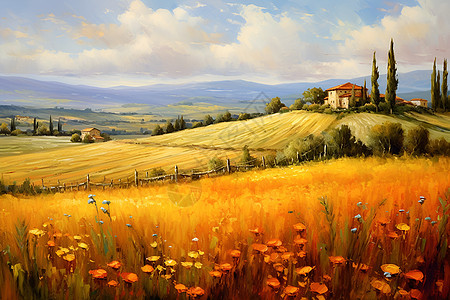 秋季户外的田园油画背景图片