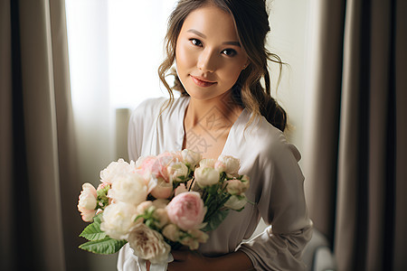 美丽的新娘手持鲜花背景图片