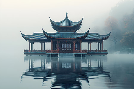 湖畔的中国式建筑图片