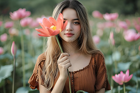 手持粉色花朵的女人背景图片