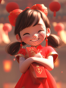 春节氛围的红包小女孩插图背景图片