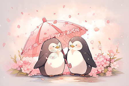 雨伞下的两只企鹅图片
