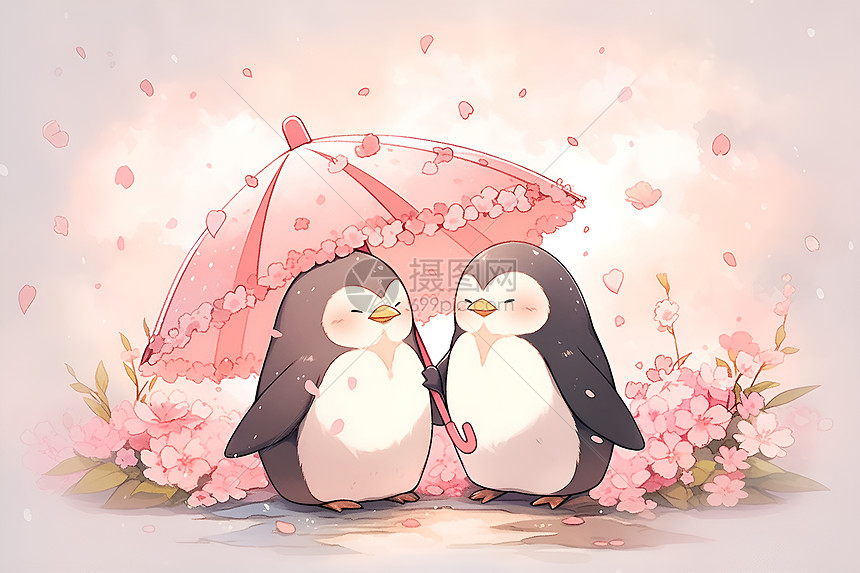 雨伞下的两只企鹅图片