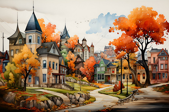秋色缤纷的小镇图片