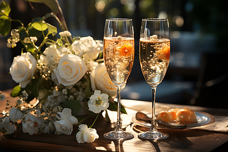 不锈钢杯子阳光下鲜花与香槟背景