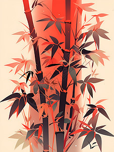 挂满红叶的高大竹子图片