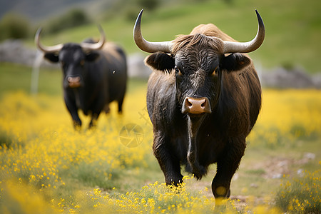两只公牛在一片黄花田中漫步图片