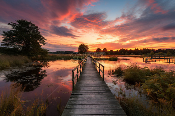 湖边的木桥与夕阳风景图片