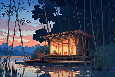湖畔小屋下的夜色背景图片