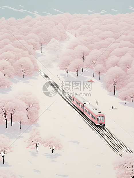 粉色树林中的列车图片