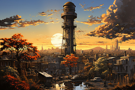 城市景观中央的水塔图片
