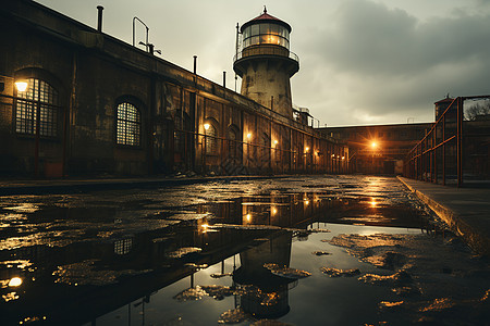 工厂与夜幕下的水塔图片