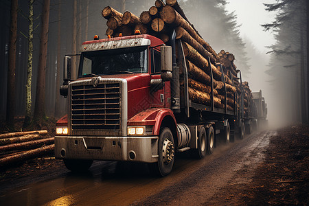 森林中运输木材的货车图片