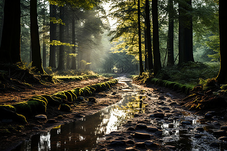 阳光明媚的雨后森林背景图片