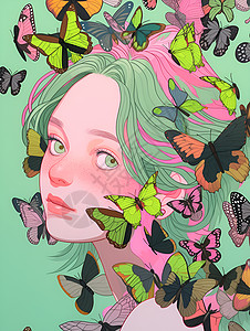 绿发女子与蝴蝶飞舞图片