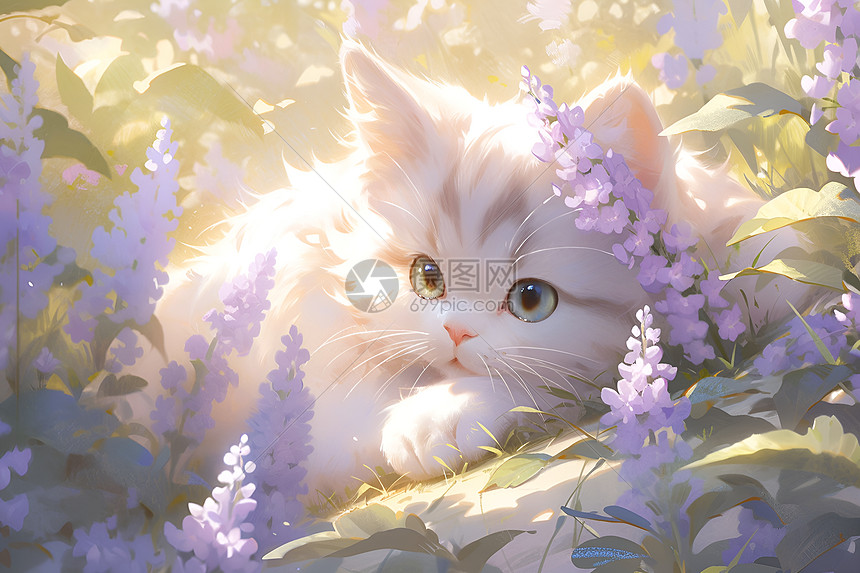 紫色世界里的小白猫图片