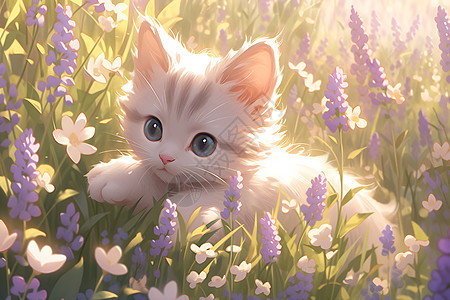 白色小猫在薰衣草花丛中图片