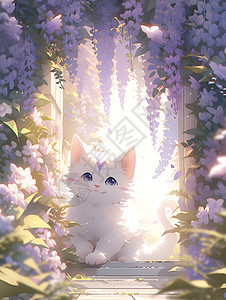 百花环绕中的白猫图片