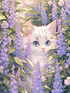 紫色花朵中的小白猫图片