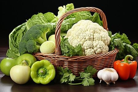 一篮蔬菜摆在桌子上图片