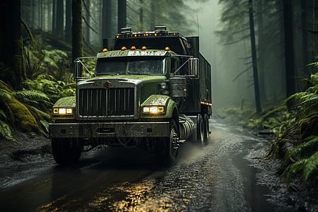 森林道路上行驶的卡车背景图片