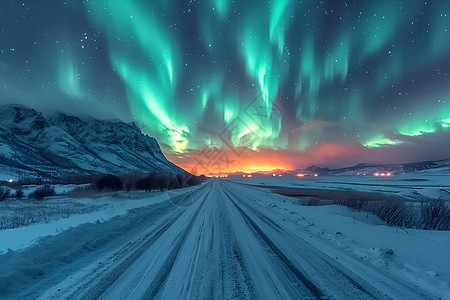 夜晚雪地极光点缀的天空背景