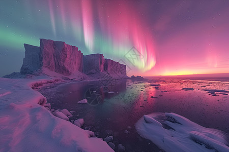 夜晚雪地夜空中的极光背景