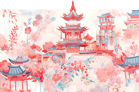 春节喜庆的古建筑插图图片