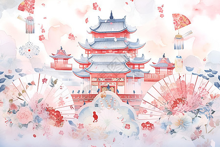 卡通风格的中国风古建筑插图图片